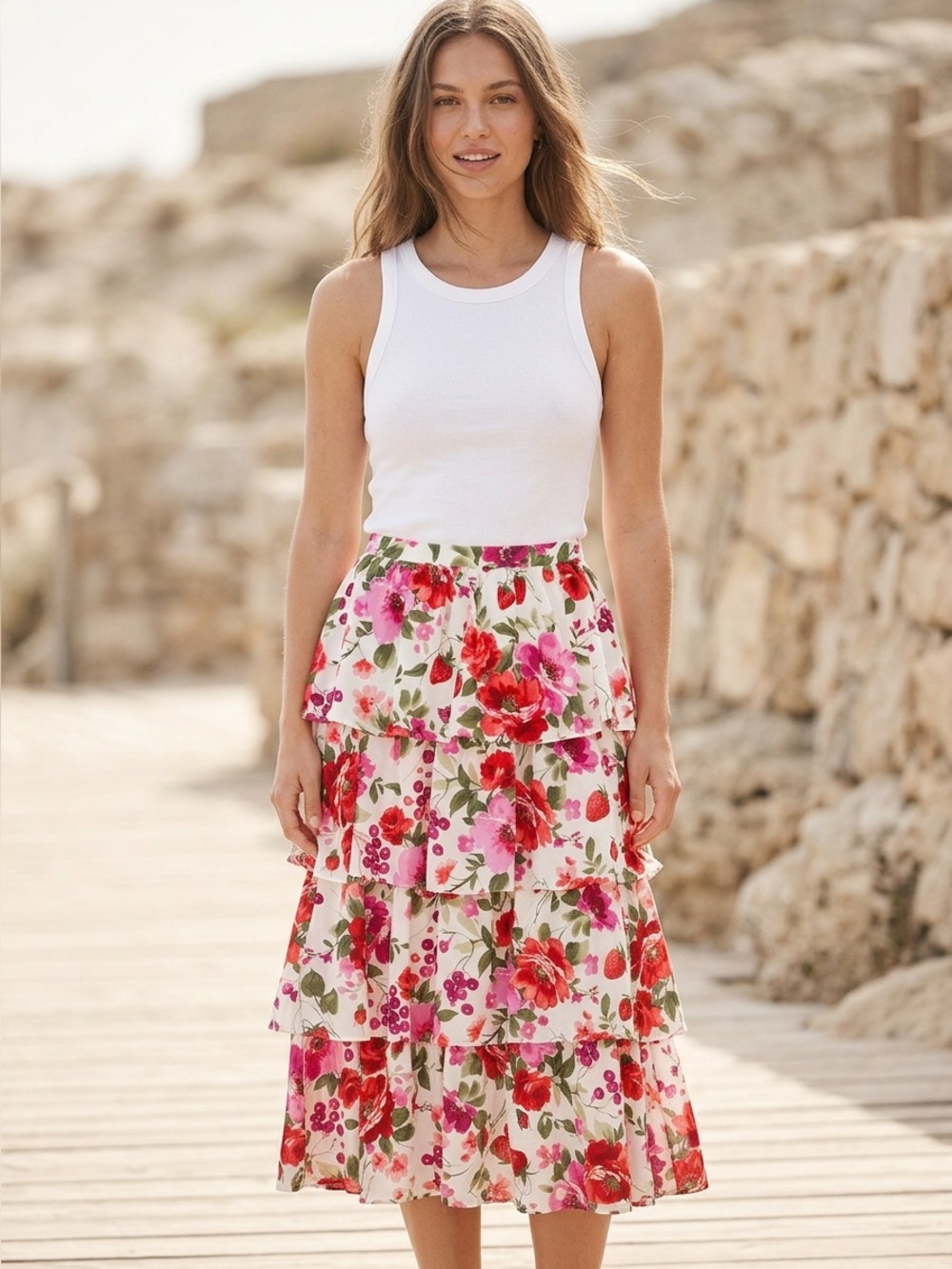 NWT Abercrombie & Fitch White & Red Floral Tiered Ruffle Midi Skirt Roses Sz XS